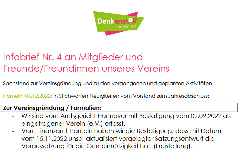 Infobrief Nr. 4 Denkanstoß Hameln e.V. vom 10.12.2022