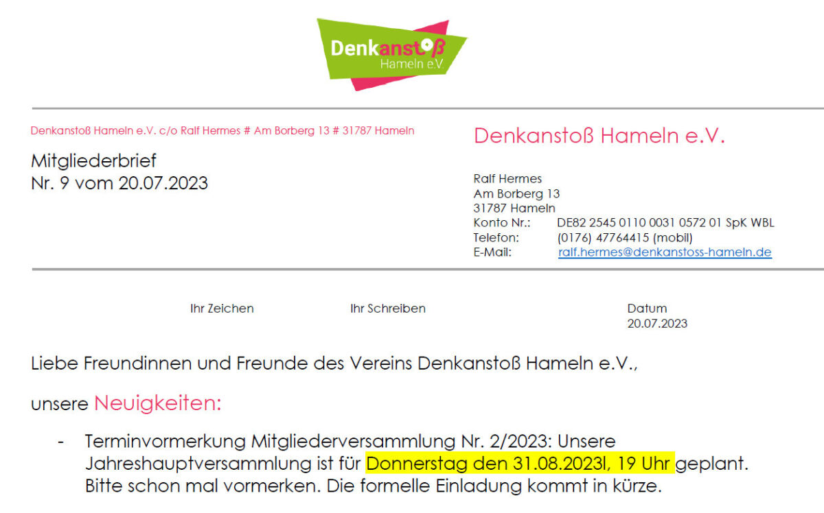 Mitgliederbrief Denkanstoß Hameln e.V. Nr. 9 vom 20.07.2023