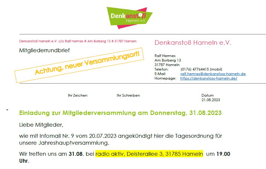 Erinnerung und Aktualisierung:  Einladung JHV Denkanstoß Hameln e.V. am 31.08.2023