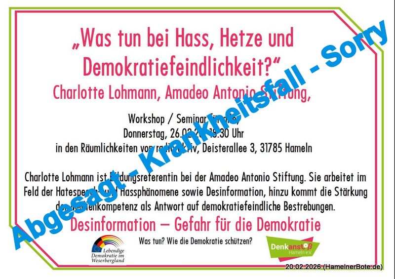 Absage: Offenes Seminar – für alle: Was tun bei Hass, Hetze und Demokratiefeindlichkeit?